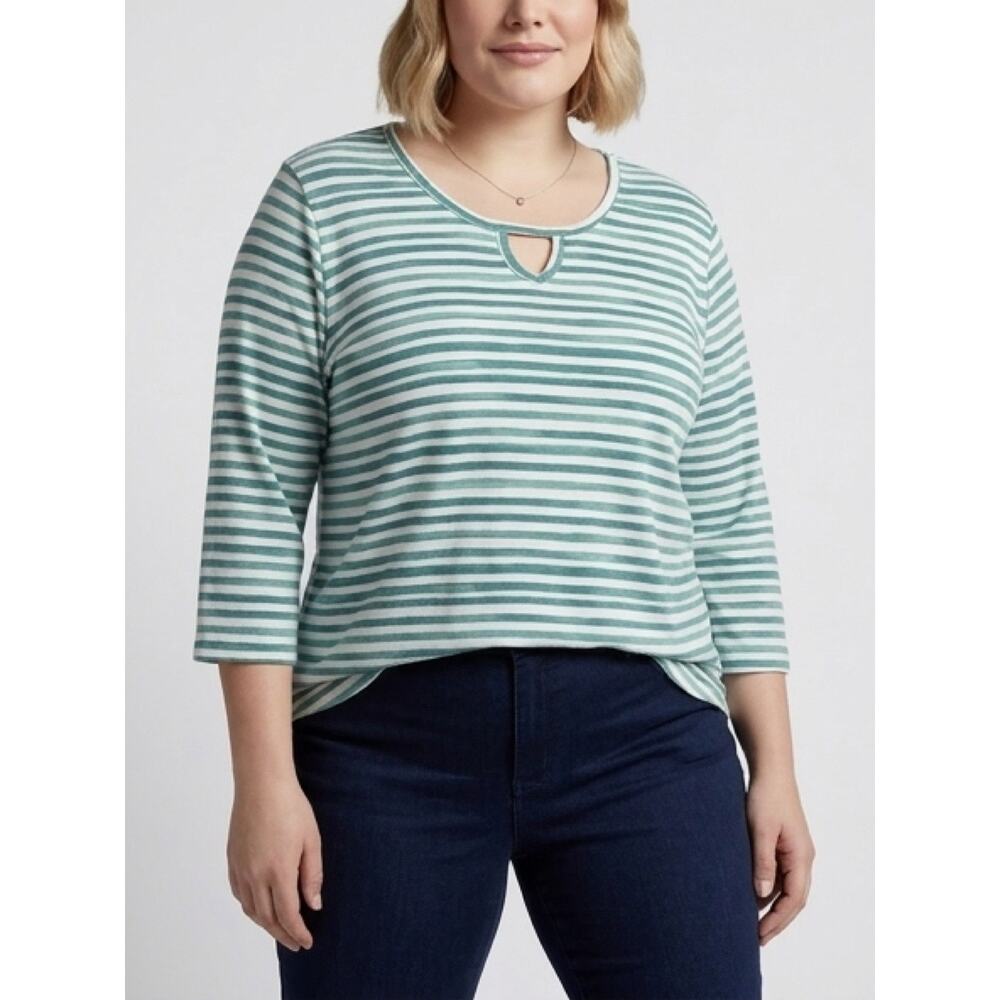 Blair 3/4 Sleeve Striped Tee Women’s 2X Teal Blue Soft Cotton Blend Top